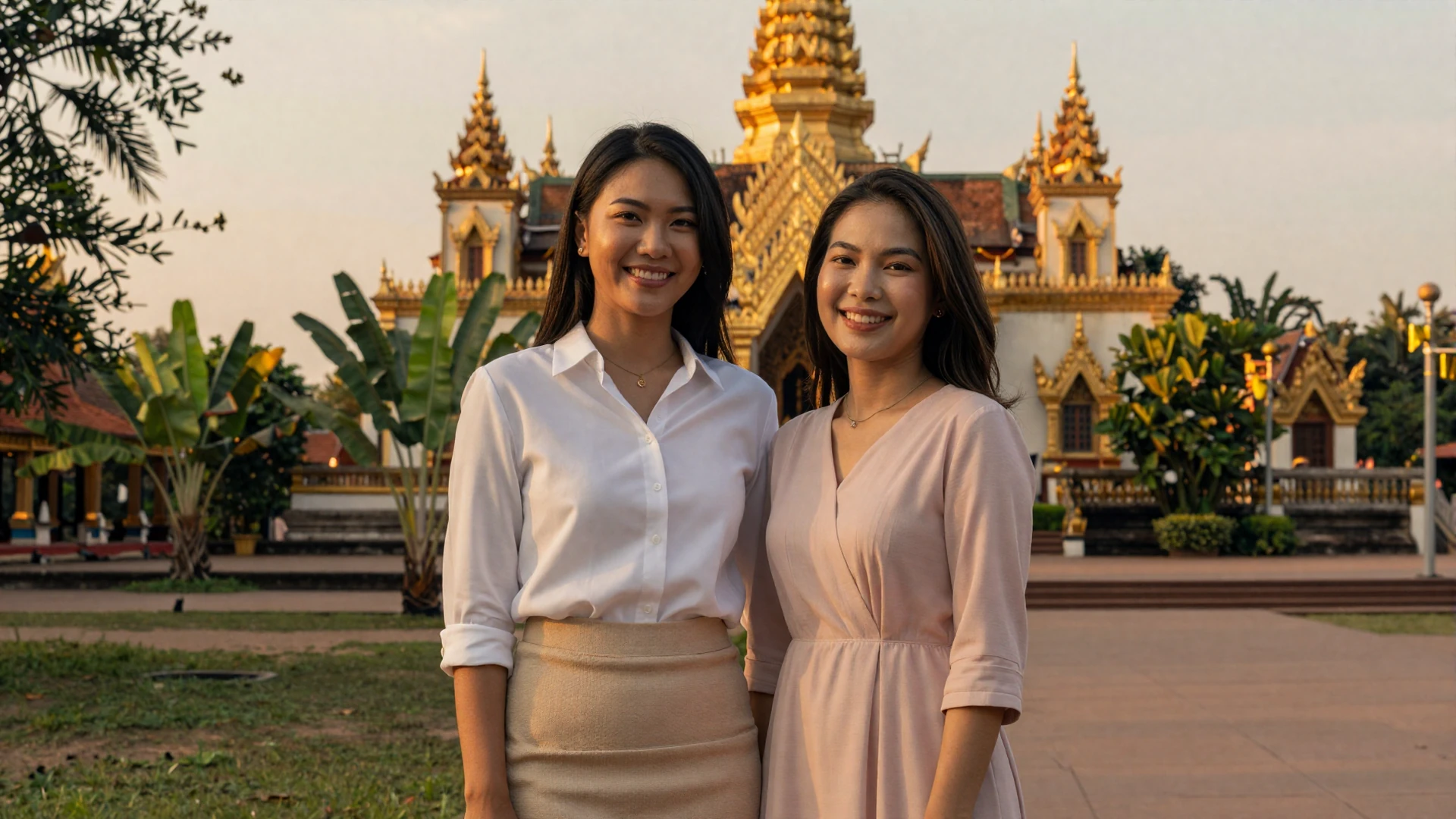 Beautiful Cambodian women smiling near golden Khmer temple at sunset for Cambodian women dating on LoveZoneTip