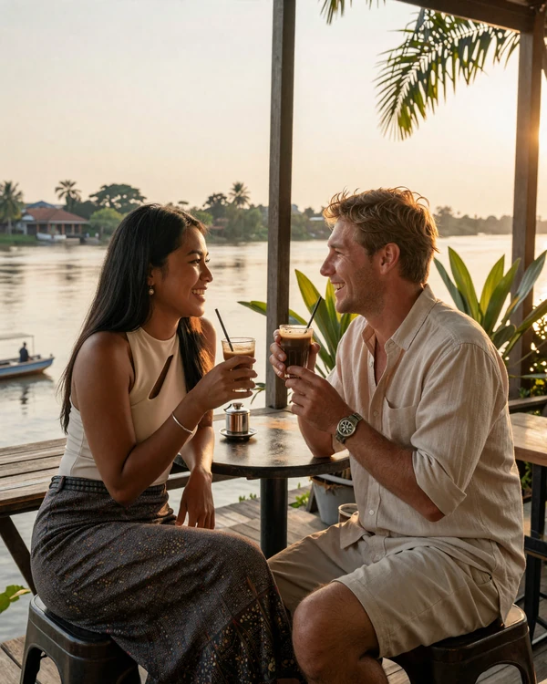 Western man and Laotian woman on a riverside date representing successful Lao women dating connection