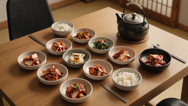 Traditional Korean banchan dishes and tea representing Korean culinary culture in North Korean dating traditions