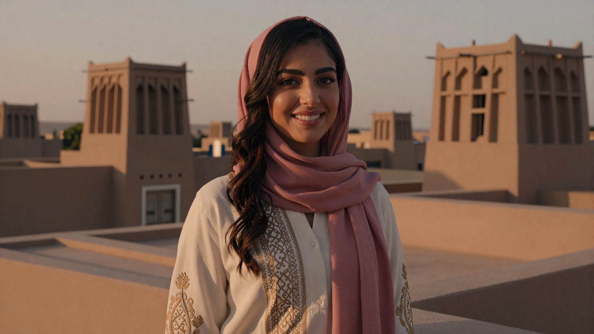 Elegant Yemeni woman smiling at sunset on a rooftop terrace with ancient Arabian architecture for Yemeni women dating on LoveZoneTip