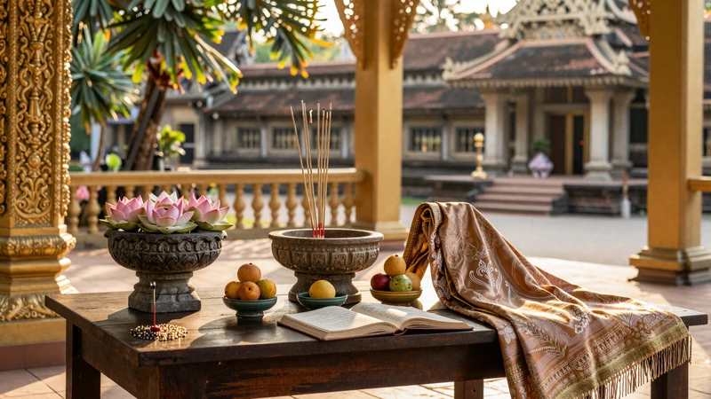Traditional Cambodian cultural elements including lotus flowers temple offerings and Khmer silk representing Cambodian dating traditions