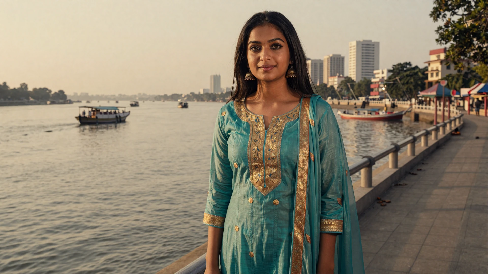 Beautiful Bangladeshi woman smiling on a riverside promenade in Dhaka for Bangladeshi women dating