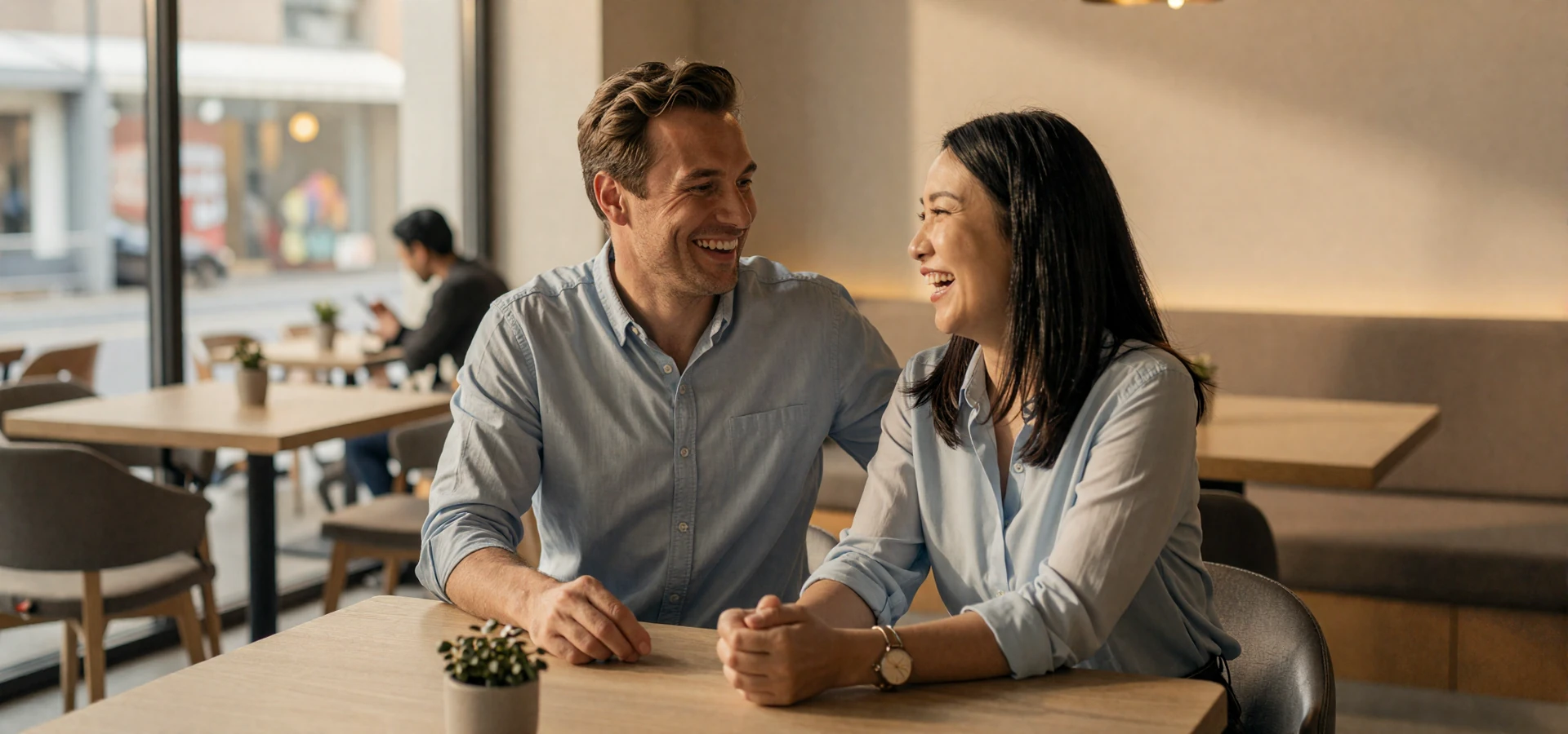Happy interracial couple chatting at a cafe representing the start of asian women dating