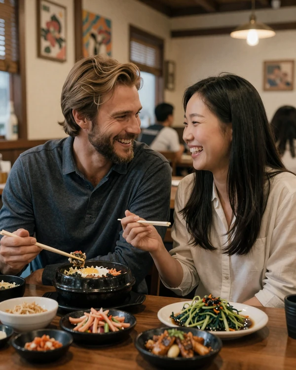 Western man and Korean woman sharing bibimbap at a Korean restaurant representing successful Korean women dating