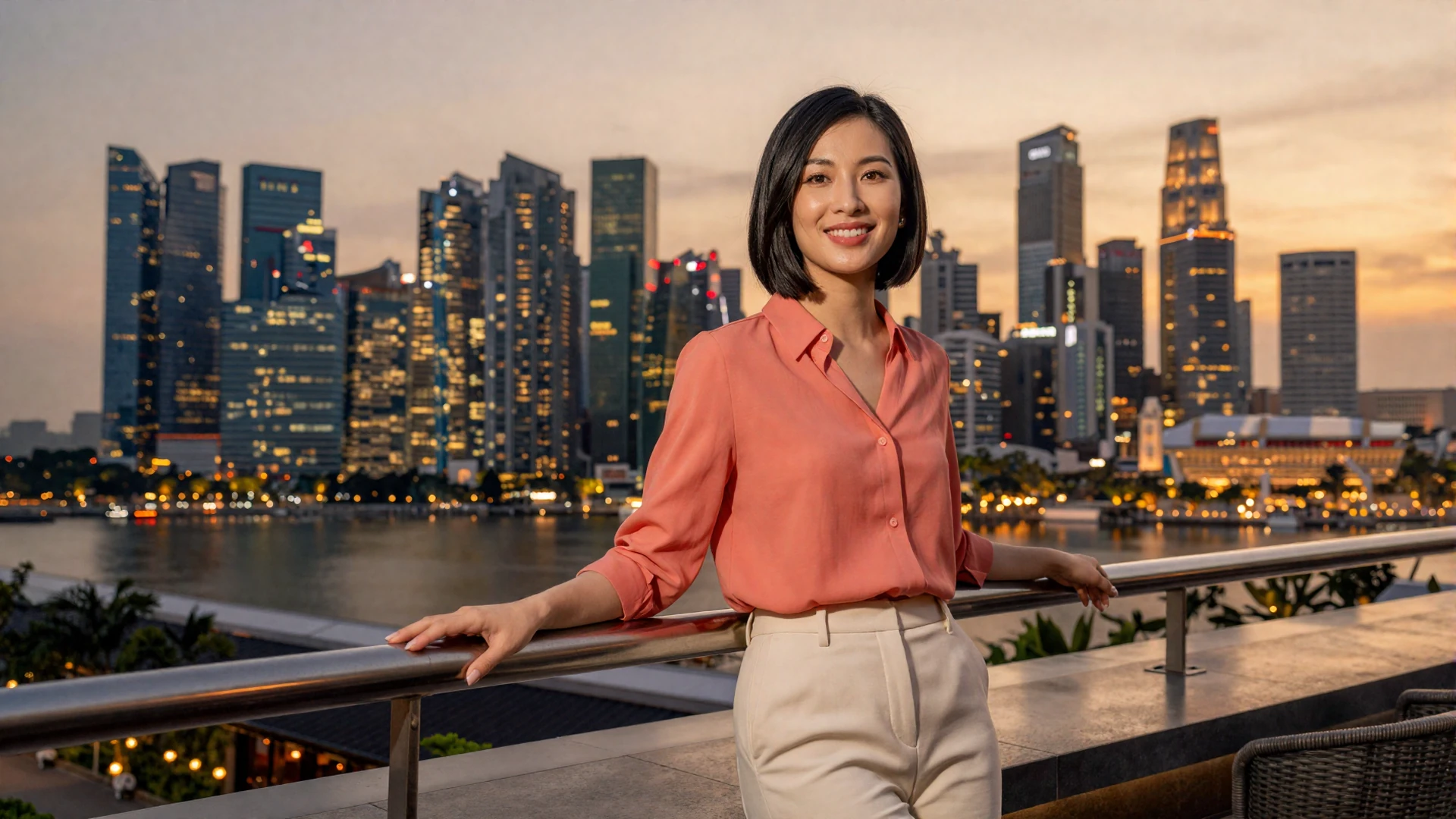 Elegant Singaporean woman at a rooftop venue with Marina Bay Sands skyline for Singaporean women dating on LoveZoneTip