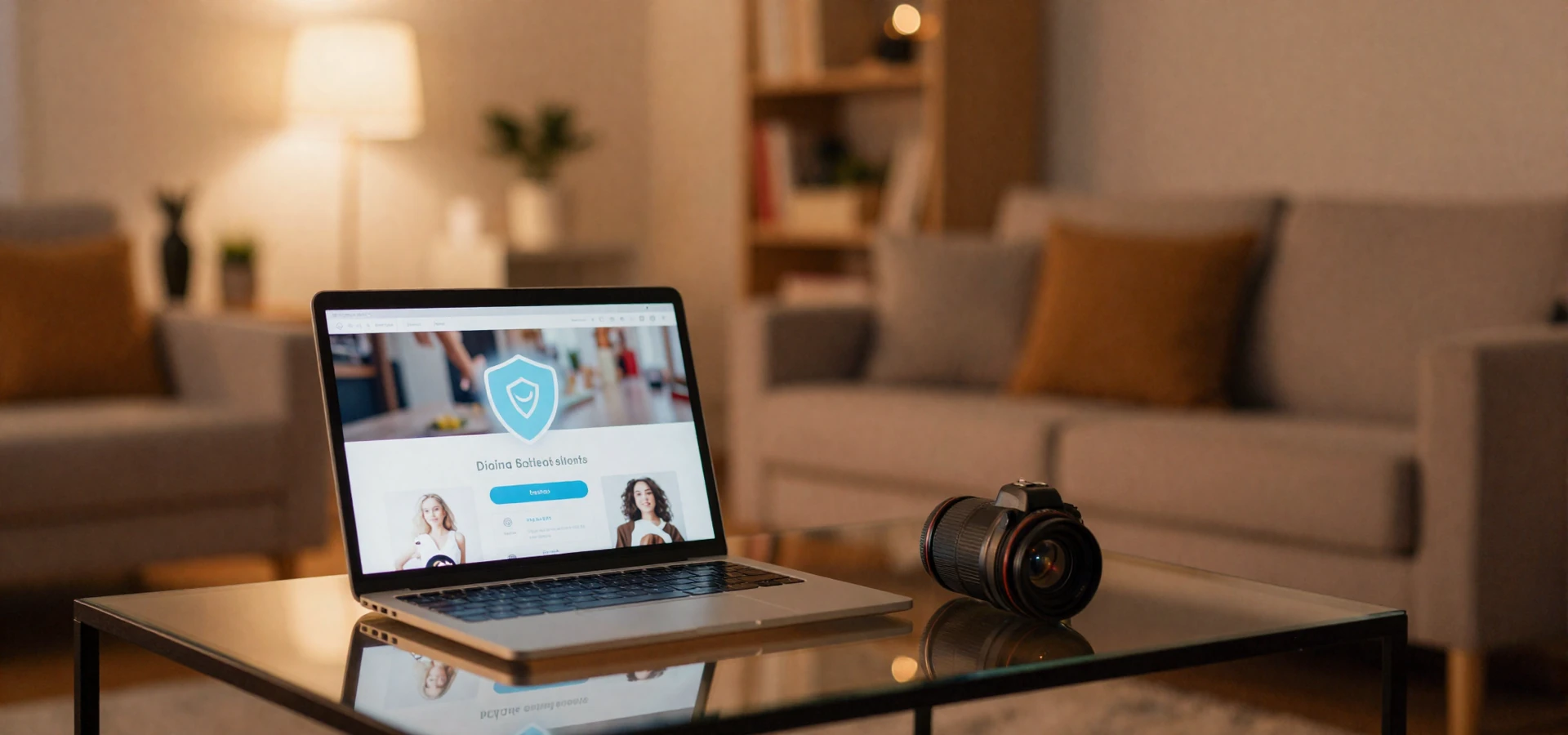 Laptop displaying a secure dating platform interface with shield icon symbolizing online dating safety