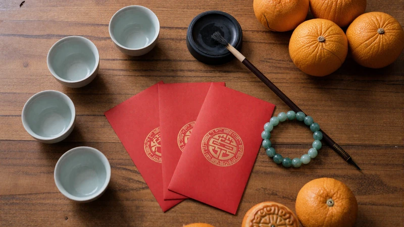 Chinese cultural dating items including red envelope tea set jade and calligraphy representing Chinese dating traditions