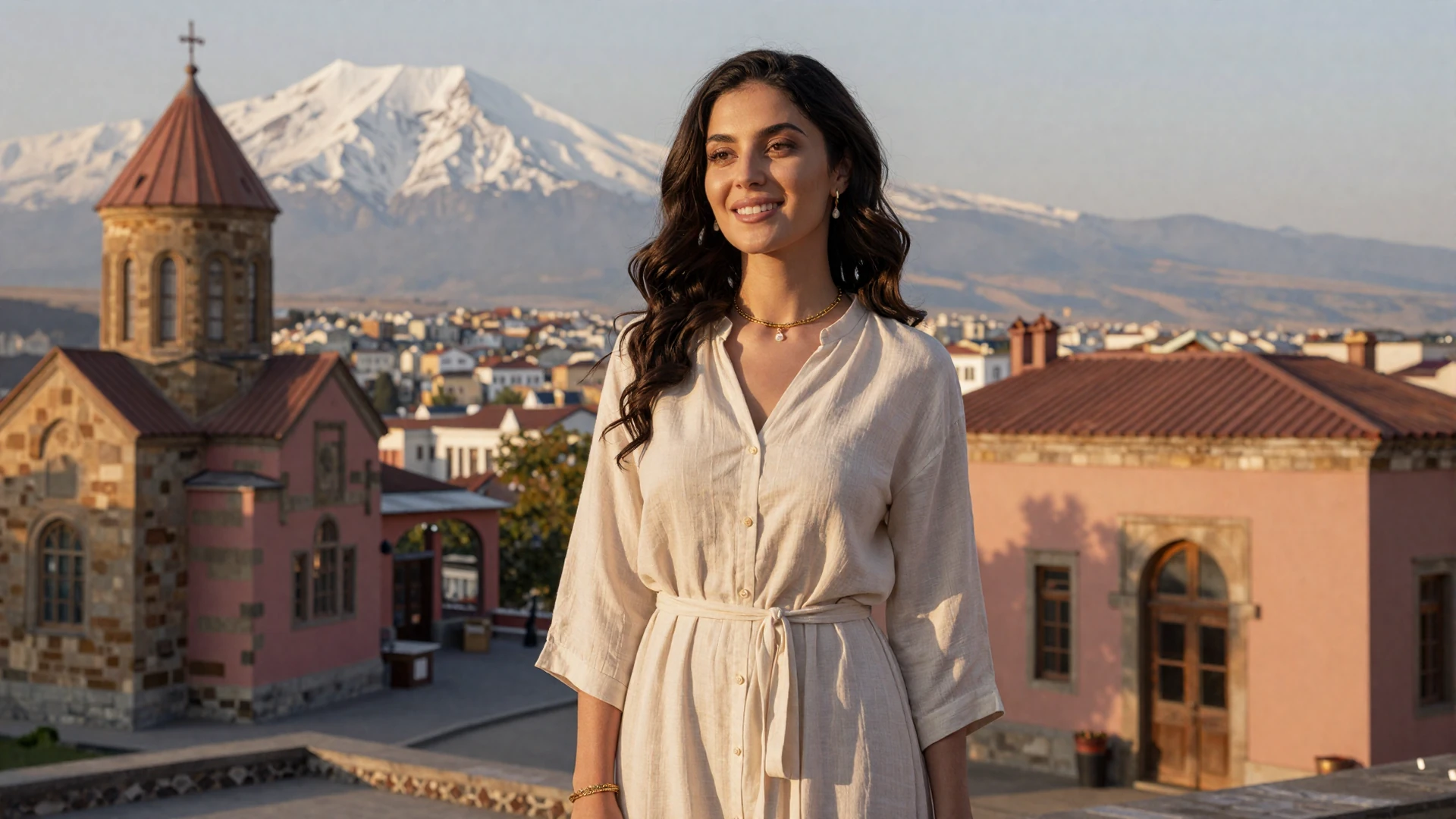 Elegant Armenian woman smiling with Mount Ararat backdrop for Armenian women dating on LoveZoneTip