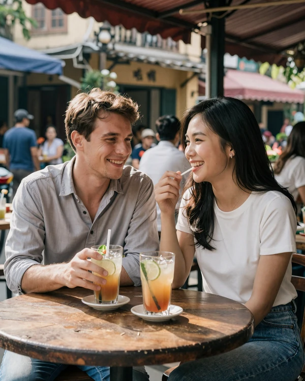 Western man and Vietnamese woman sharing coffee at Hanoi cafe representing successful Vietnamese women dating