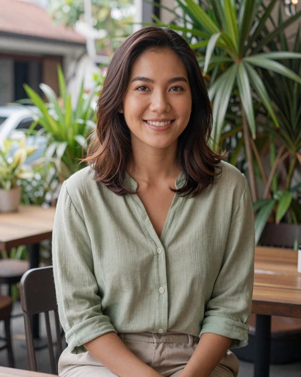 Thai woman at a cozy cafe in Bangkok wearing casual green blouse for Thailand dating