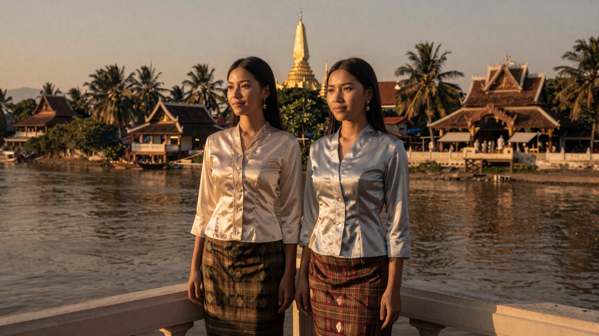 Elegant Laotian women in traditional sinh skirts by the Mekong River in Vientiane for Laotian women dating on LoveZoneTip