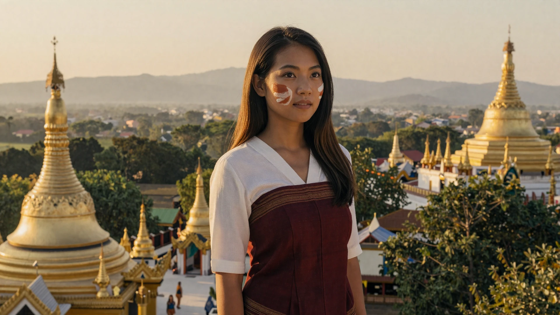 Graceful Burmese woman with thanaka on cheeks smiling near golden pagodas at sunset for Burmese women dating on LoveZoneTip