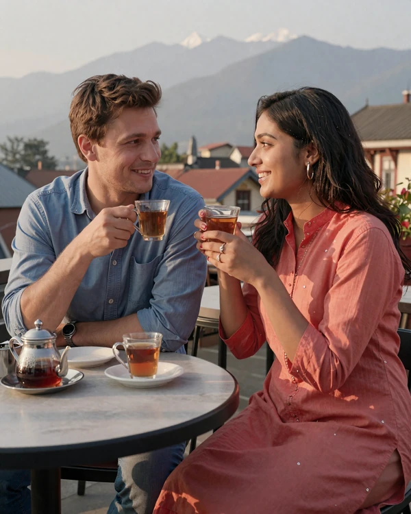 Western man and Nepali woman sharing tea at a Kathmandu rooftop cafe representing successful Nepali women dating