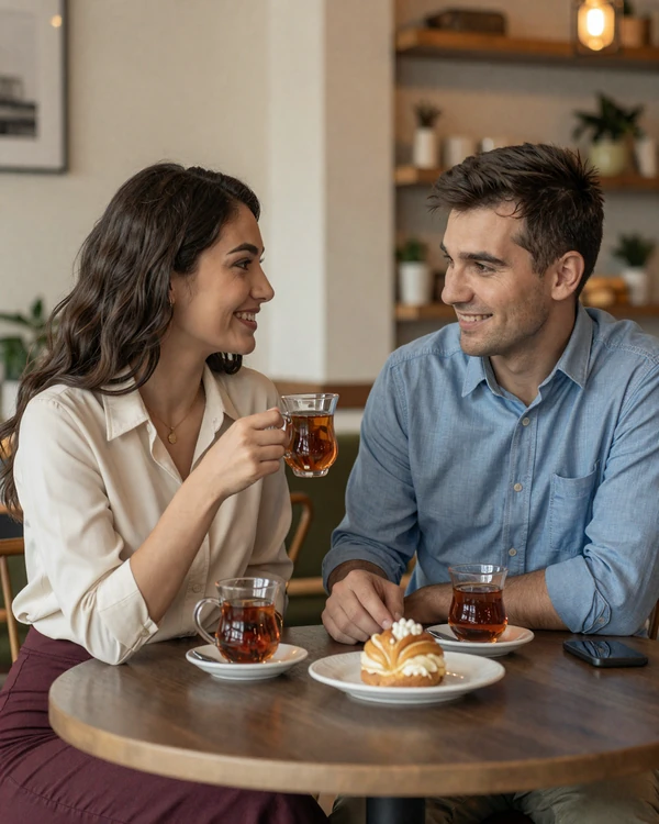 Western man and Tajik woman enjoying a cafe date representing successful Tajik women dating connection