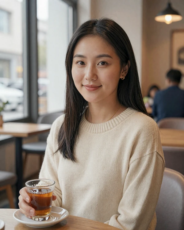 Mongolian woman enjoying tea in a cozy cafe representing Mongolian women dating culture