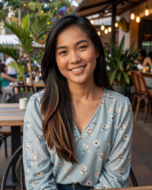 Cambodian woman enjoying afternoon at outdoor cafe representing Cambodian women dating culture