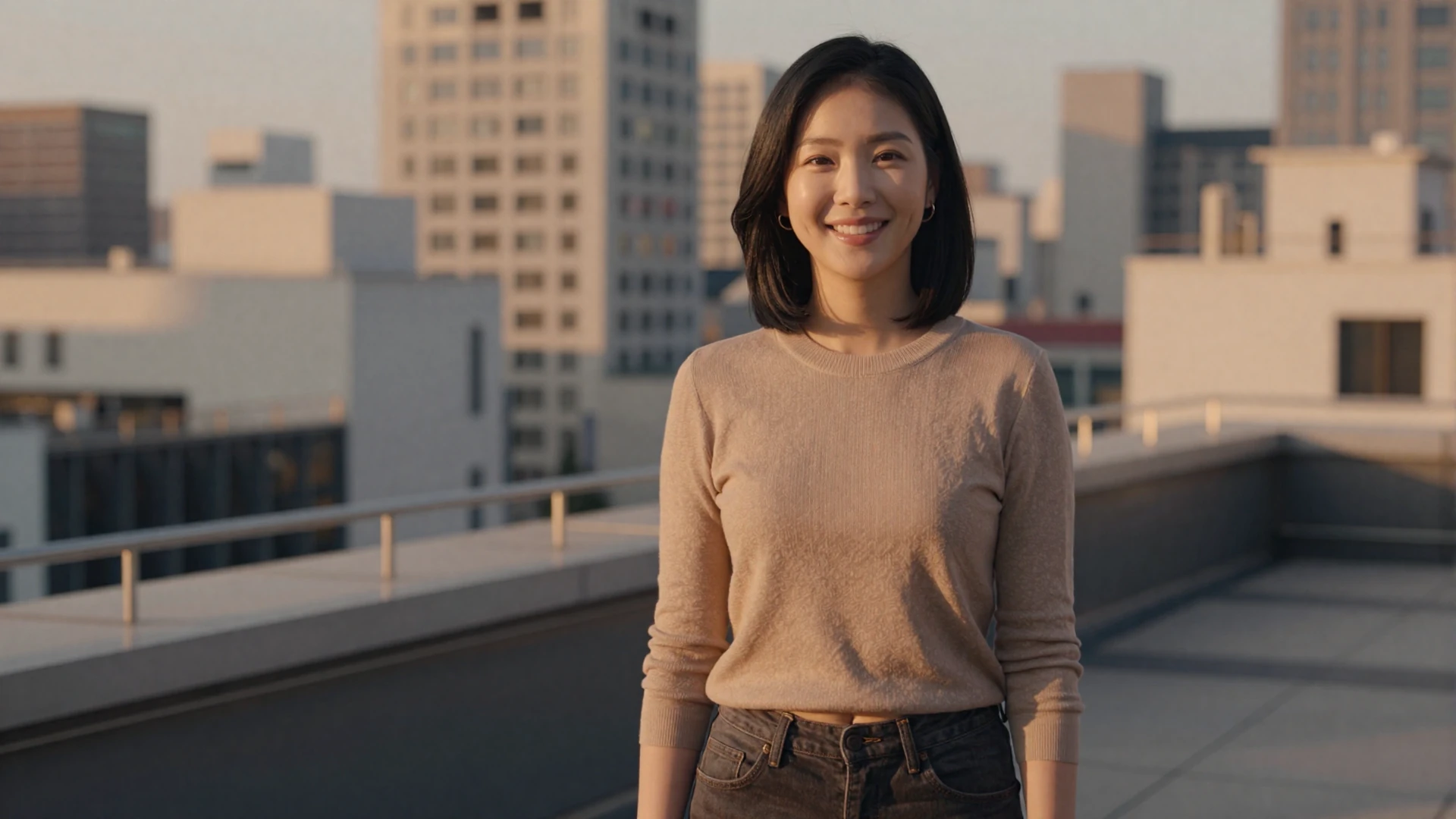 Elegant North Korean woman smiling confidently on a modern urban rooftop for North Korean women dating on LoveZoneTip