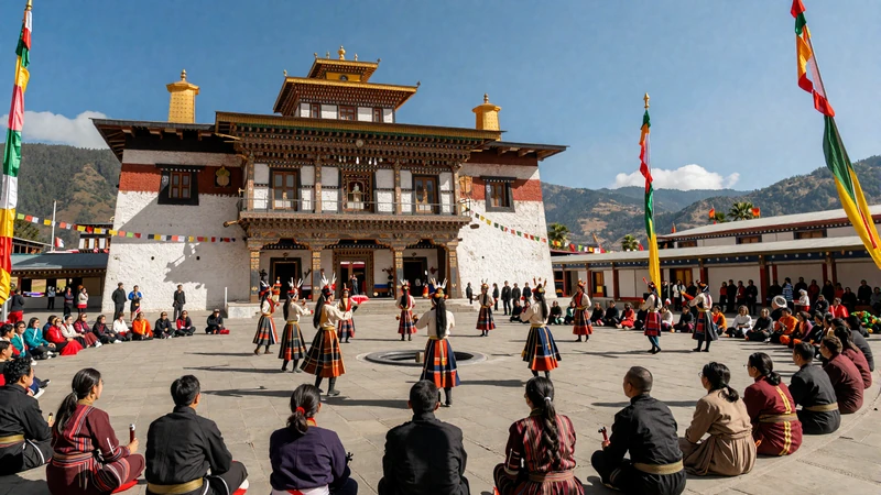 Colorful Bhutanese Tshechu festival with masked dancers at dzong fortress representing Bhutanese dating traditions