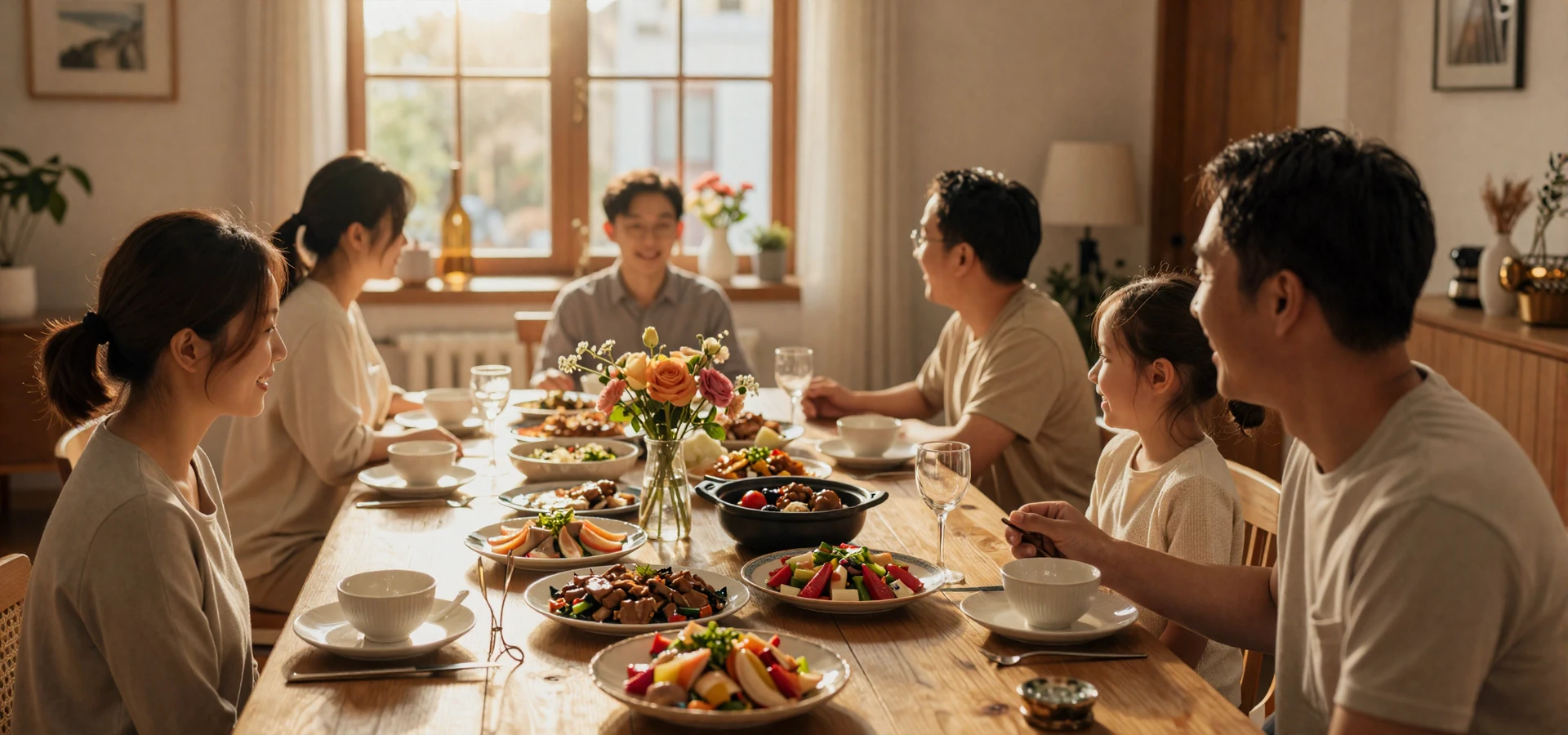 Warm family dining table set with traditional Asian dishes and golden lighting - meeting asian parents preparation