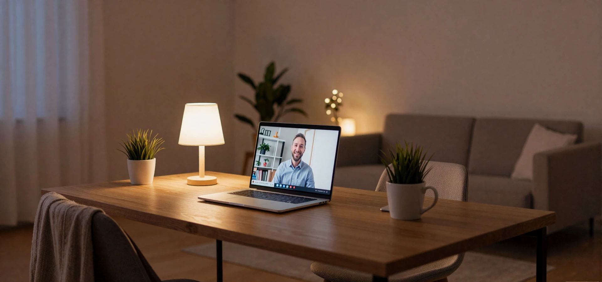 Cozy evening home setup with laptop ready for video chat dating - warm lighting and romantic atmosphere