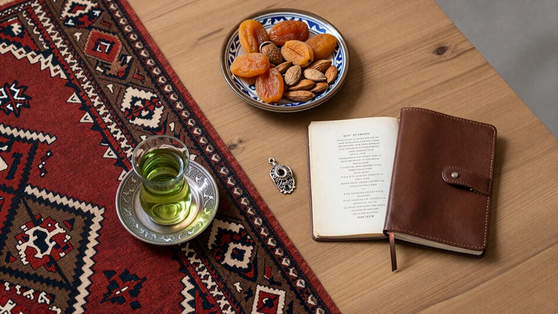 Traditional Turkmen cultural items including carpet patterns green tea dried fruits and Magtymguly poetry representing Turkmen dating traditions