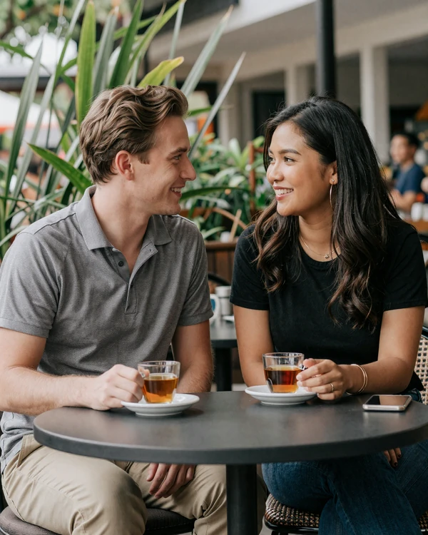 Western man and Burmese woman sharing tea at an outdoor cafe representing successful Myanmar women dating connection