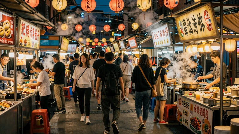 Vibrant Taiwanese night market with lanterns and food stalls representing Taiwanese dating culture and street food traditions