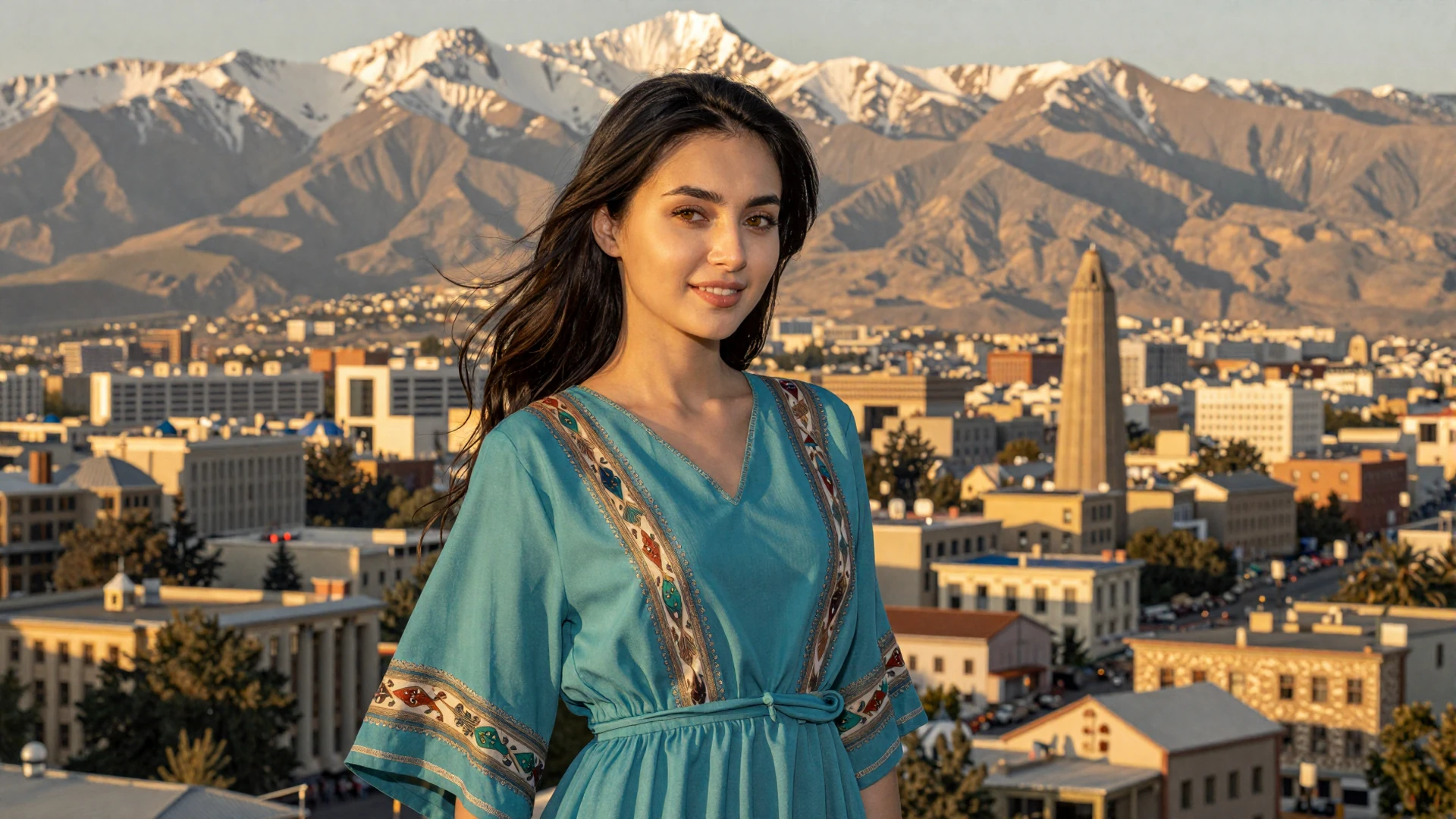 Beautiful Tajik woman smiling with Dushanbe cityscape and Pamir mountains backdrop for Tajik women dating on LoveZoneTip