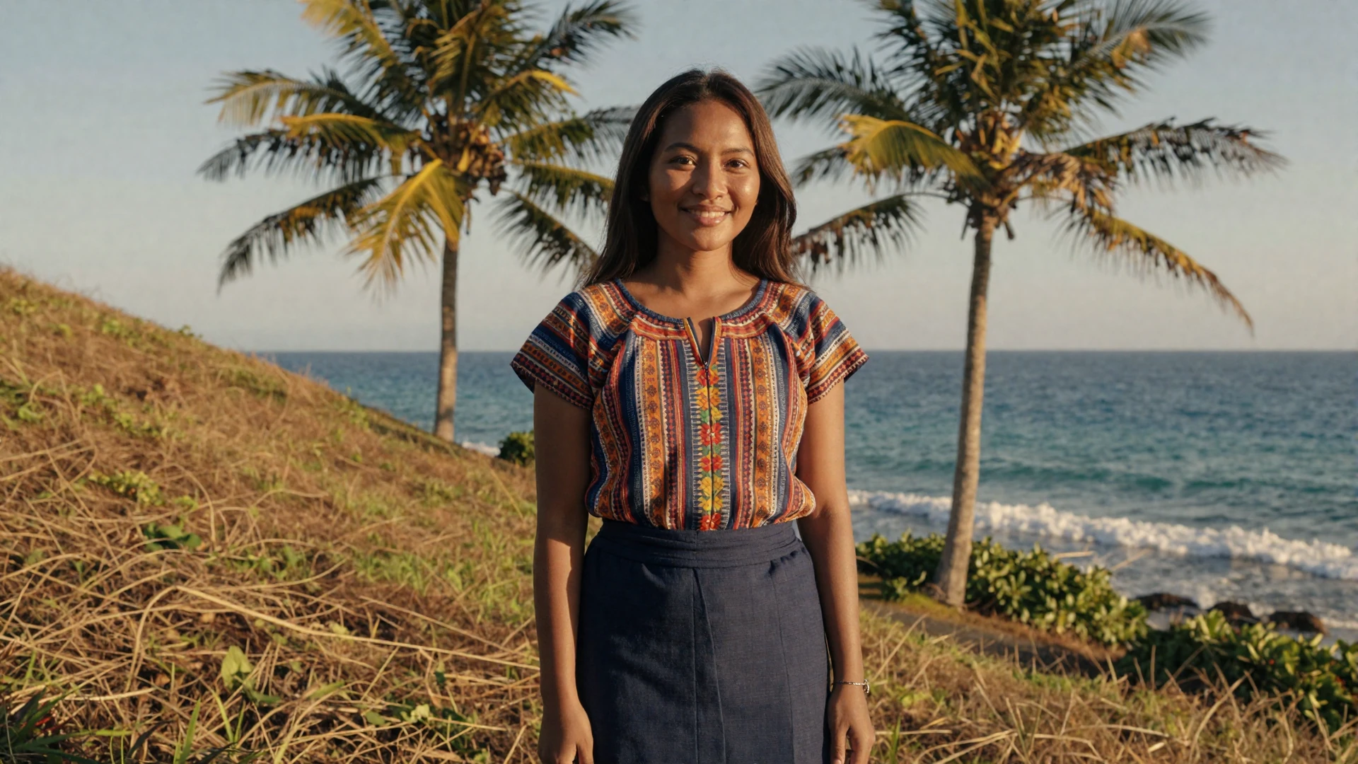 Beautiful Timorese woman in tais-inspired clothing smiling on a coastal hillside in East Timor for Timorese women dating on LoveZoneTip