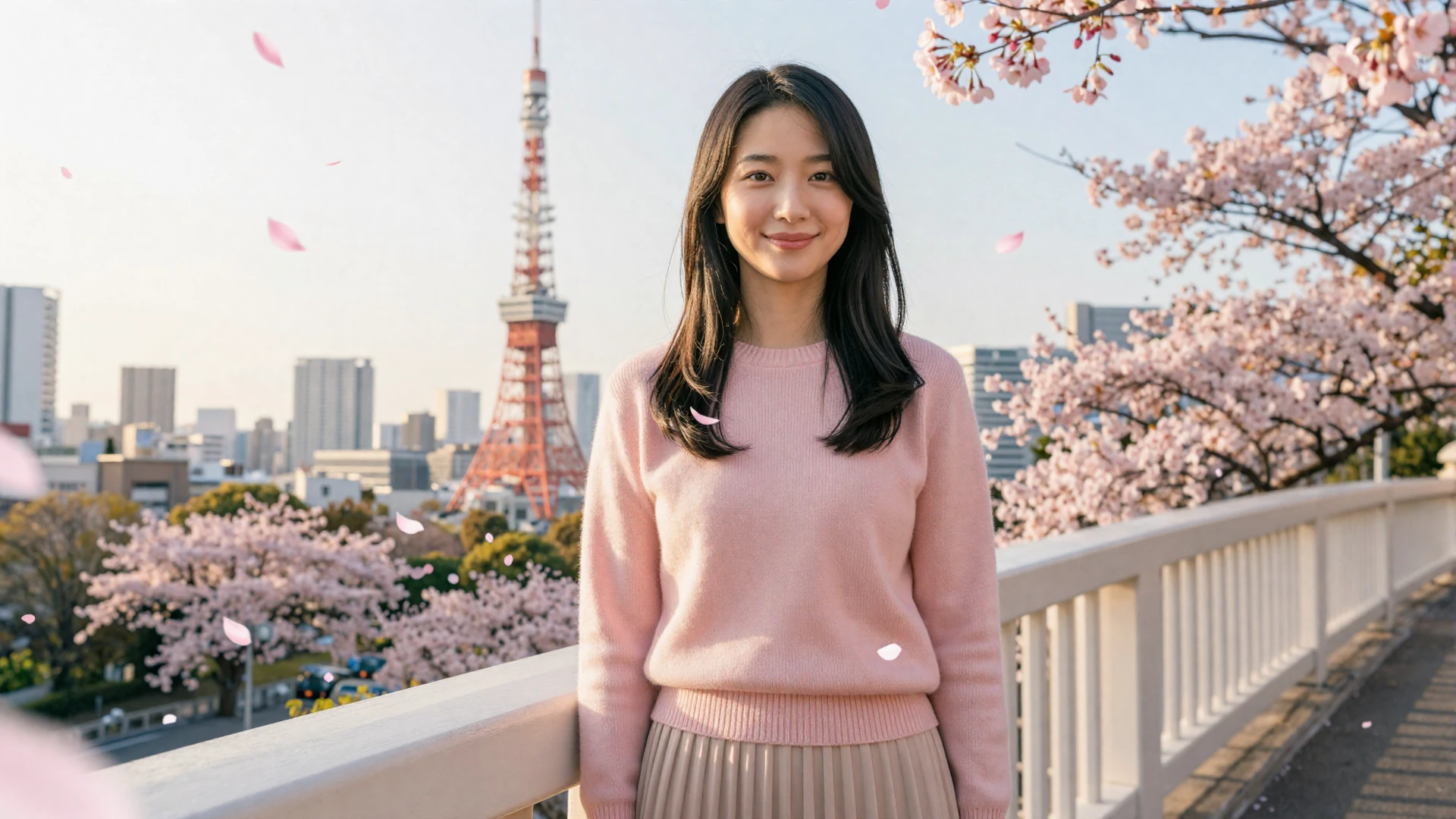 Beautiful Japanese woman smiling under cherry blossom trees in Tokyo for Japanese women dating