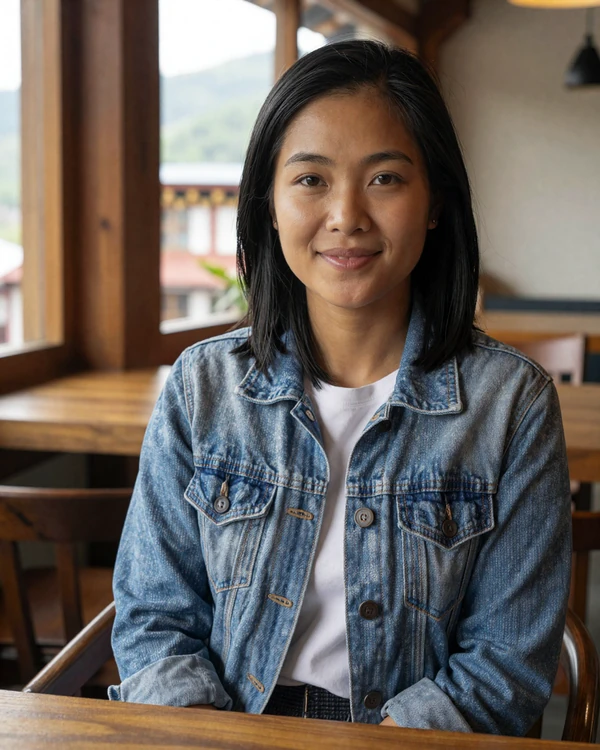 Bhutanese woman in casual attire at a Thimphu cafe enjoying tea for Bhutanese dating