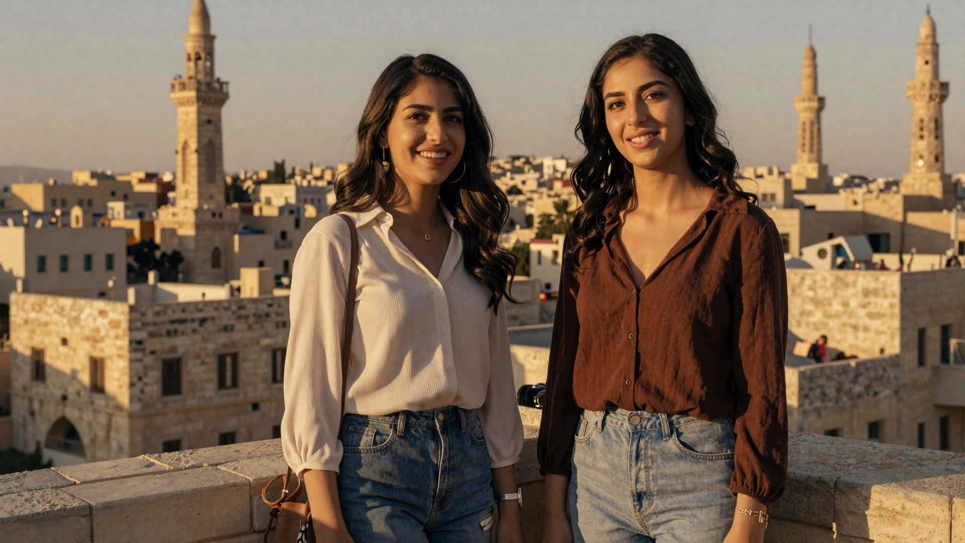 Two elegant Jordanian women smiling on Amman rooftop at golden hour representing Jordanian women dating on LoveZoneTip
