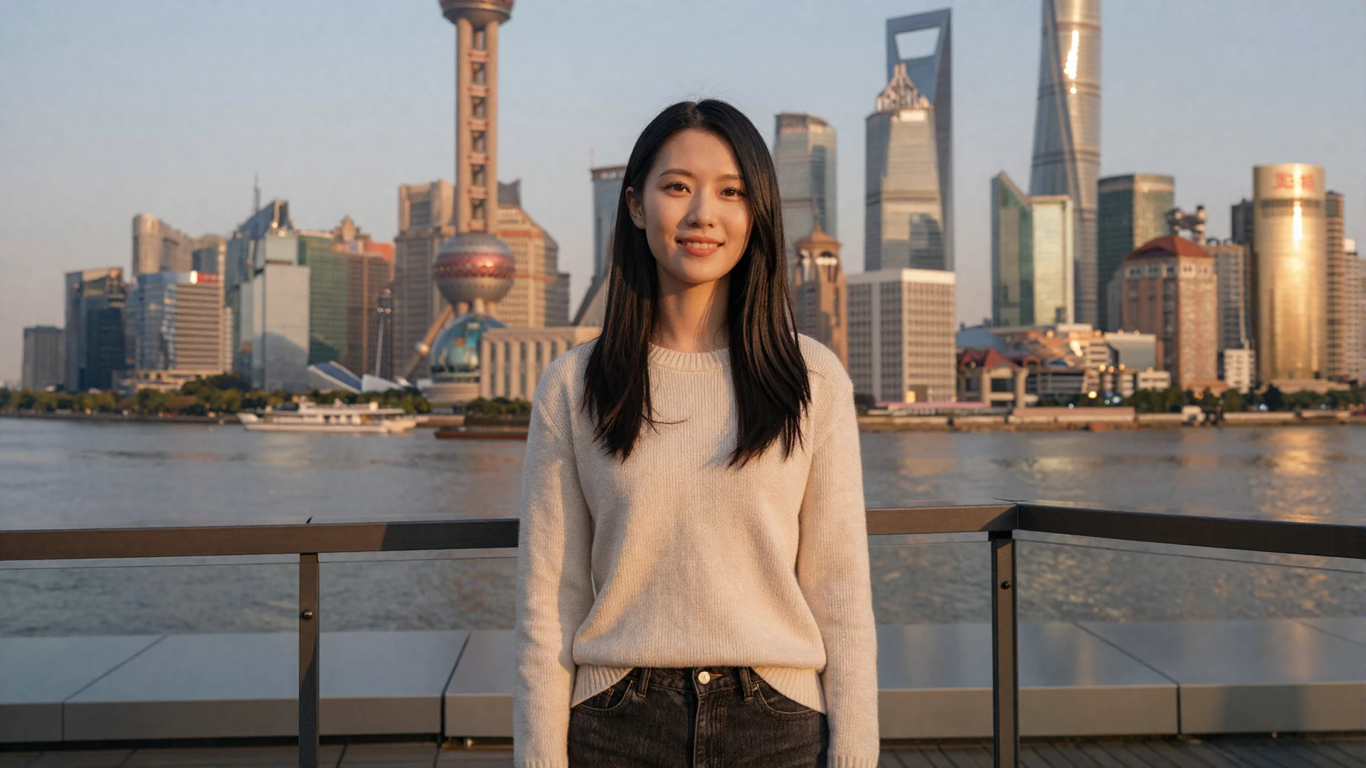 Beautiful Chinese woman smiling on Shanghai terrace at golden hour for Chinese women dating
