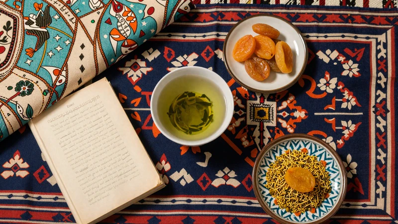 Traditional Tajik cultural items including green tea atlas silk Rumi poetry and dried fruits representing Tajik dating traditions
