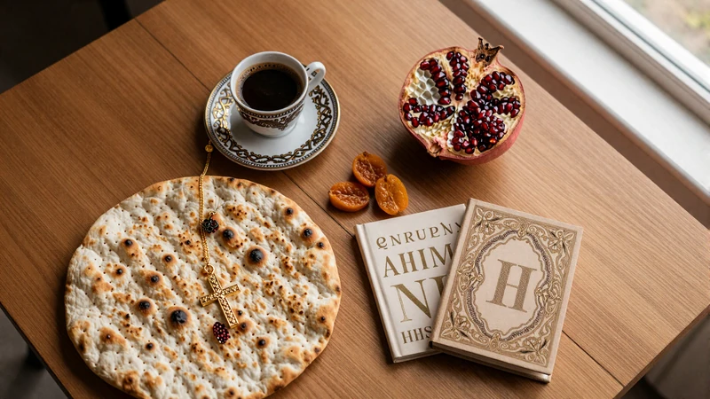 Armenian cultural items including coffee lavash pomegranate and gold cross pendant representing Armenian dating traditions