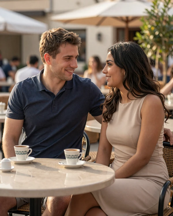Western man and Jordanian woman enjoying Arabic coffee at a cafe representing successful Jordanian women dating