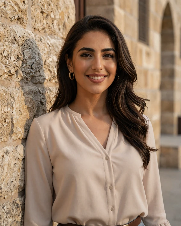 Jordanian woman in modern casual outfit smiling in old Amman representing Jordanian women dating culture
