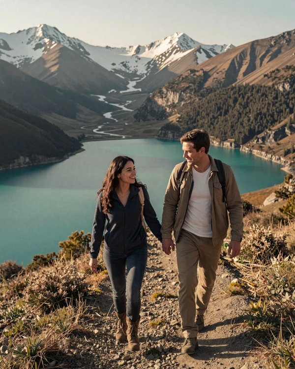 Western man and Kyrgyz woman hiking together on a mountain trail representing successful Kyrgyz women dating
