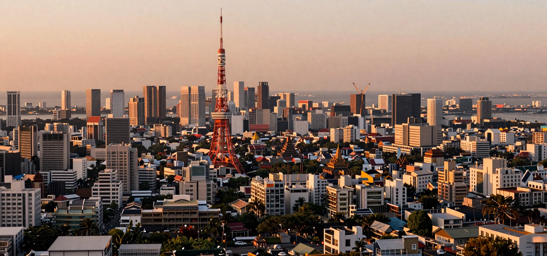Panoramic collage of Asian city skylines at golden hour representing top asian dating sites 2026