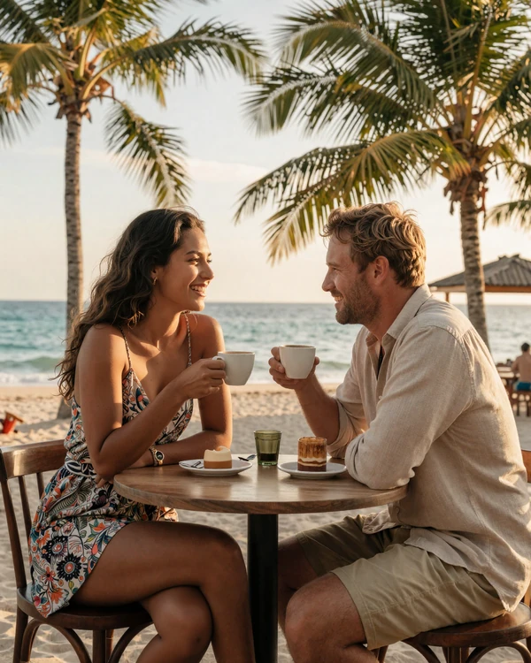 Western man and Timorese woman enjoying a coffee date at a beachside cafe representing successful Timorese women dating connection