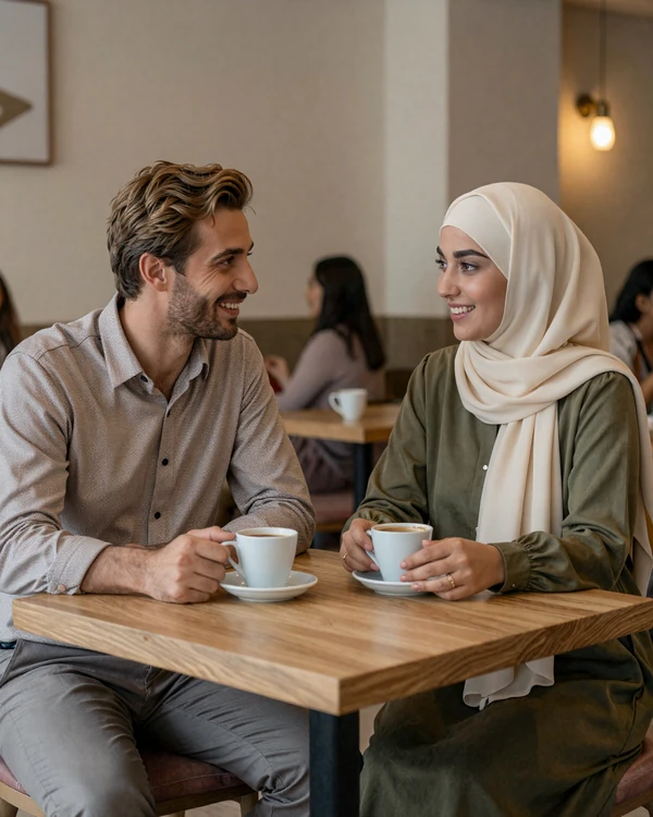 Western man and Yemeni woman on a cozy cafe date representing successful Yemeni women dating connection
