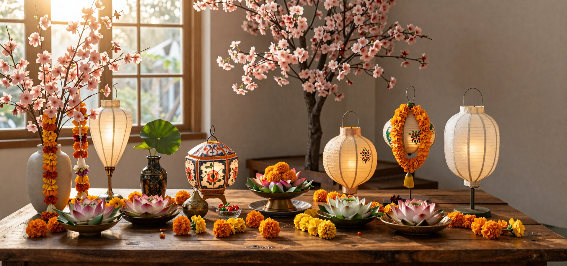 Asian cultural elements including cherry blossoms lanterns and flowers representing cross-cultural dating