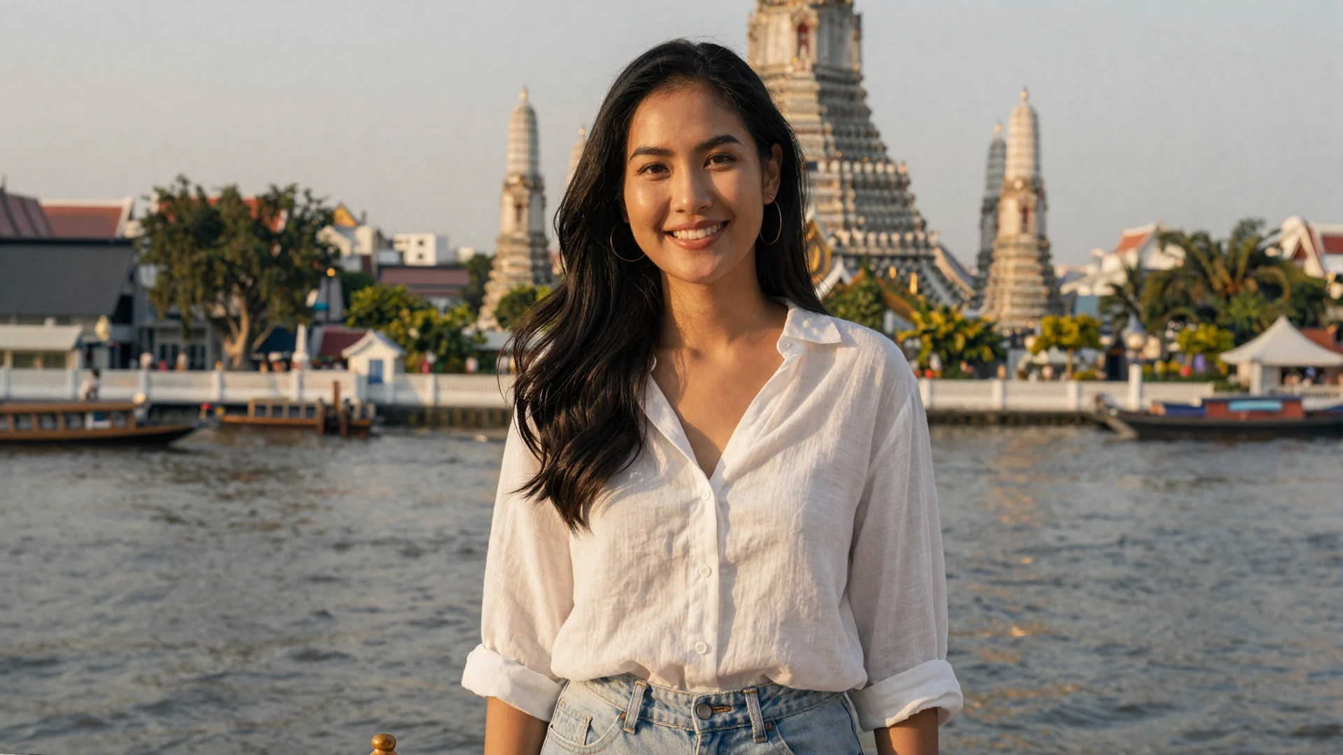Beautiful Thai woman smiling near Chao Phraya river in Bangkok for Thai women dating