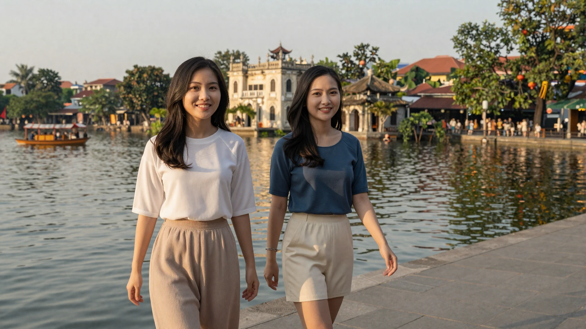 Beautiful Vietnamese women walking along Hoan Kiem Lake in Hanoi for Vietnamese women dating