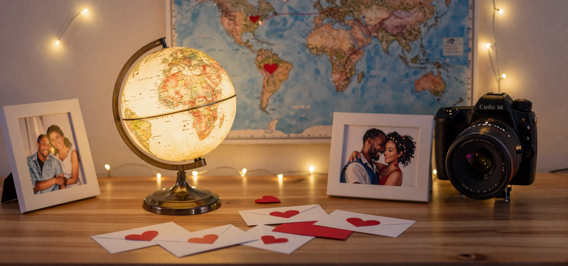 Romantic desk setup with globe and love letters representing long-distance relationships with Asian women