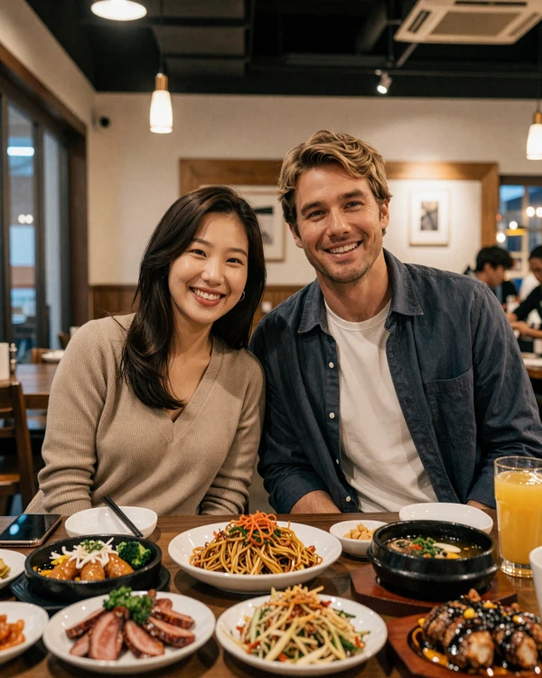 Western man and North Korean heritage woman enjoying a Korean meal together representing successful intercultural dating