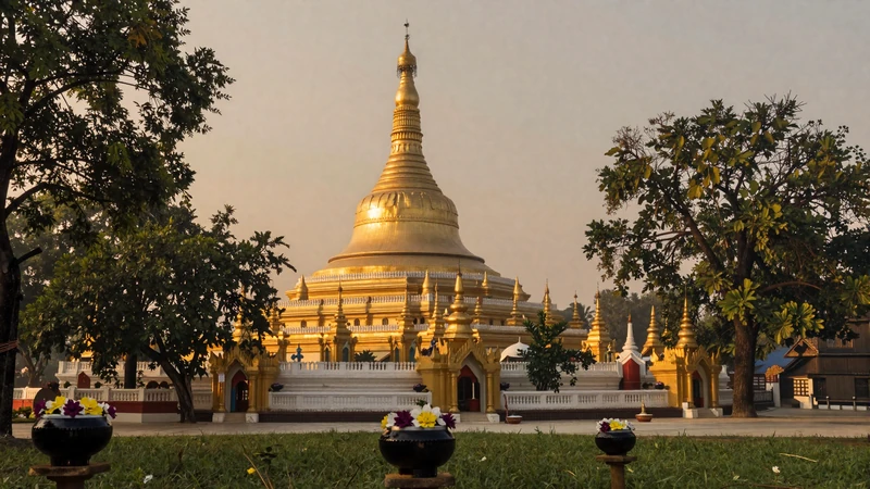 Golden Buddhist pagoda in Myanmar at sunrise with flower offerings representing Burmese spiritual dating traditions