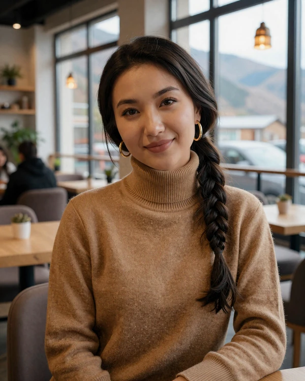 Kazakh woman enjoying a cozy cafe in Almaty representing Kazakh women dating culture