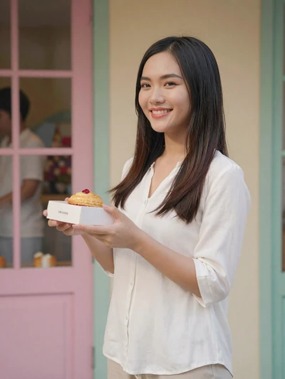 Linh Pham, 24, Vietnamese pastry chef outside bakery in Da Nang - Vietnamese women dating profile