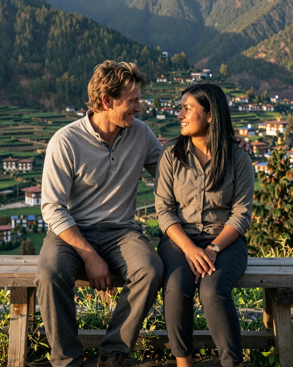Western man and Bhutanese woman at mountain viewpoint representing successful Bhutanese women dating